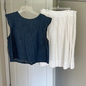 Denim cropped shirt and white eyelet cotton skirt